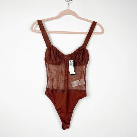 2/$30 NWT Danielle Bernstein Lace Illusion Thong Bodysuit 00 Warm Brown Mesh - Picture 4 of 14